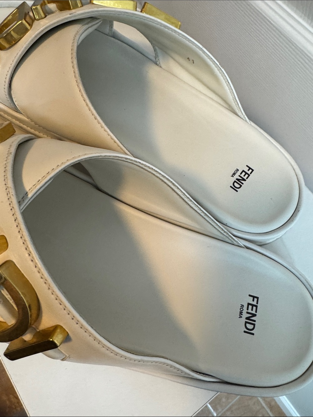 Fendi White Leather Logo Crossover Slide Sandals with Gold Hardware - Picture 3 of 9